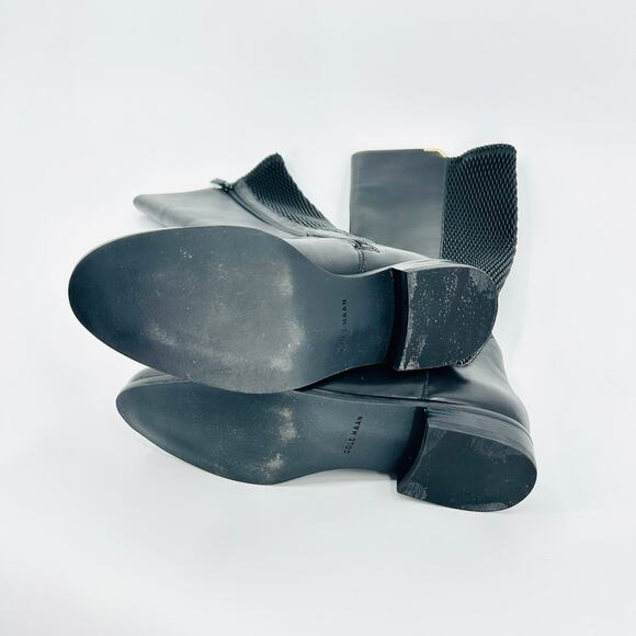 Cole Haan Black Riding Boots Gold Trim Woven Stretch Detail - Picture 7 of 9